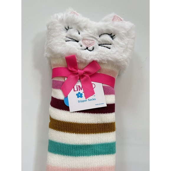 LIMITED TOO Girl Slipper Socks Multicolor White Acrylic Fleece Lined Cat OneSize - Picture 3 of 16
